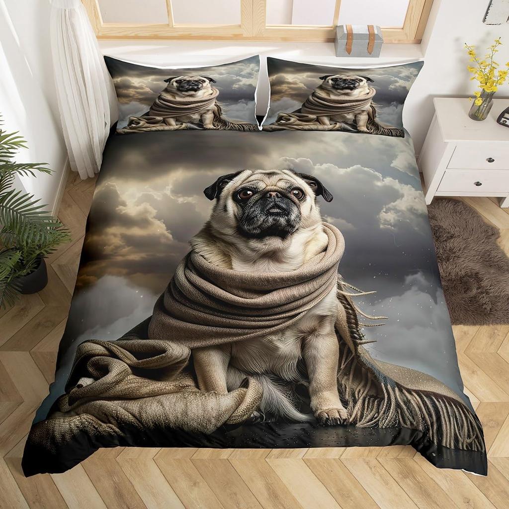 Pet Dog Duvet Cover for Kids Teen Boys Lovely Animal Theme Bedding Set Full Cute Pug Dog Print Comforter Cover with 2 Pillowcase