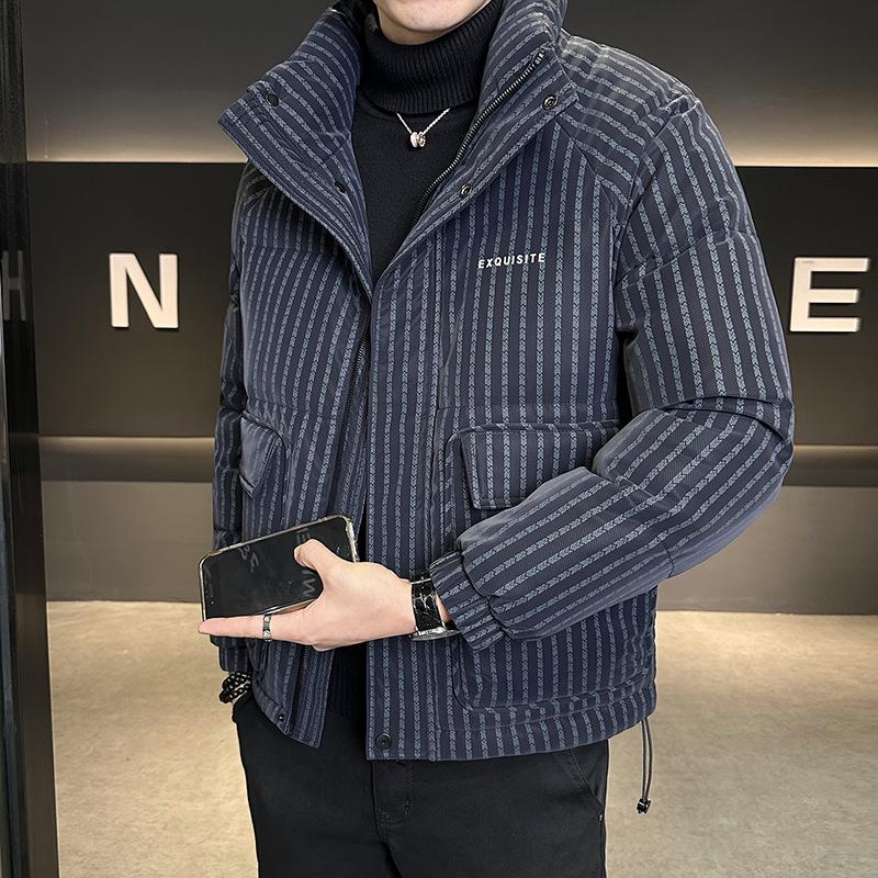 Trendy Brand Men's 2025 Winter White Duck Down Striped Puffer Jacket with Gold Thread and Soft Fur