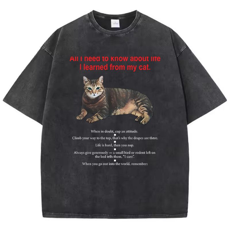 Fashion T Shirt Vintage Washed Cotton T-Shirt Funny Cat Graphic Tee Casual Streetwear Spring Summer