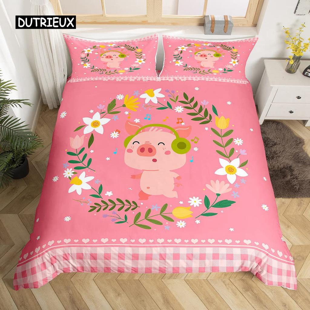 Cartoon Tier Hund Bettbezug King Size Rosa Büffel Bettdeckenbezug Floral Welpe Prinzessin Bettwäscheset Hundeliebhaber Schlafzimmerdeko