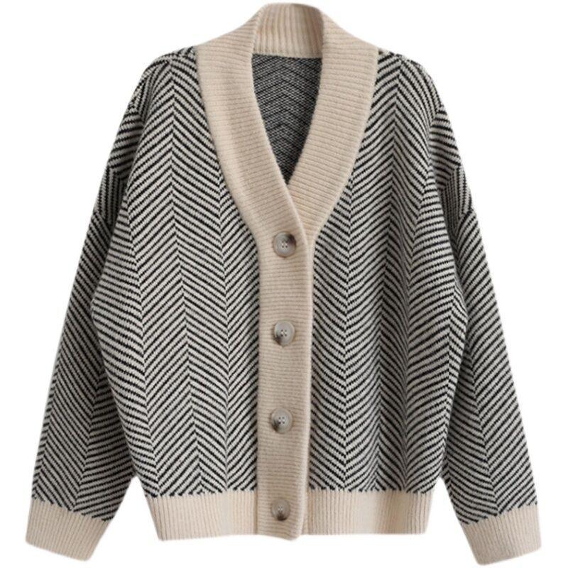 Temperament V-neck Striped Knitted Cardigan Top Contrasting Colors Autumn and Winter Loose Lazy Style High-end French Sweater Women