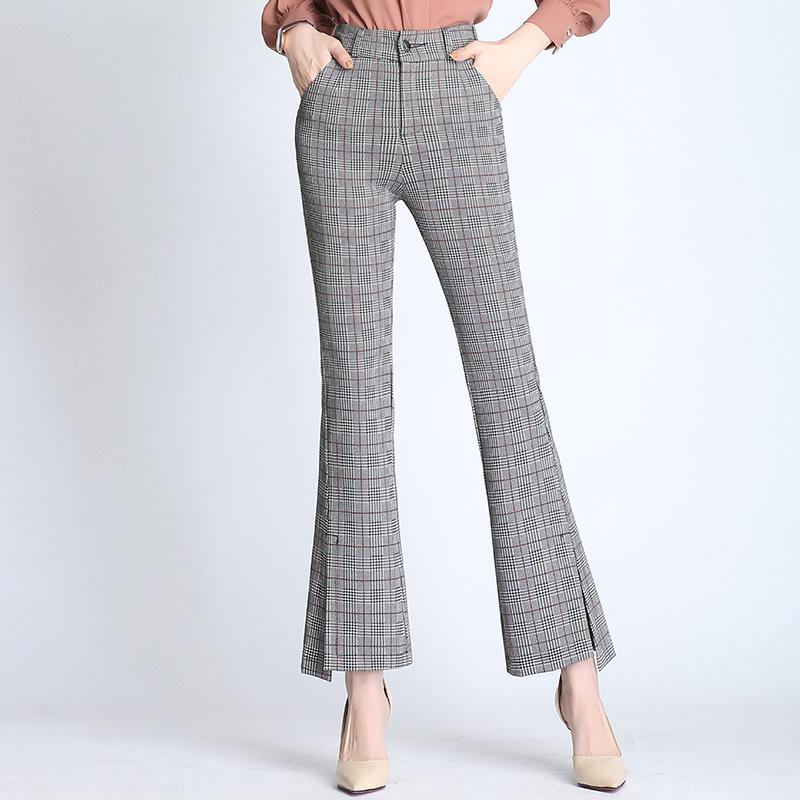 Plaid Flared Pants New Women s Nine-Quarter Pants 2026 Spring Elastic High-Waisted Slim-Fit Flared Pants with Slits S