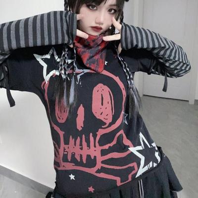 Herfst Esthetiek Punk Bedrukte Lange Mouwen Tops Dames Harajuku Rock Y2k Nep Tweedelig T-shirt Japanse Mode Losse Casual Kleding
