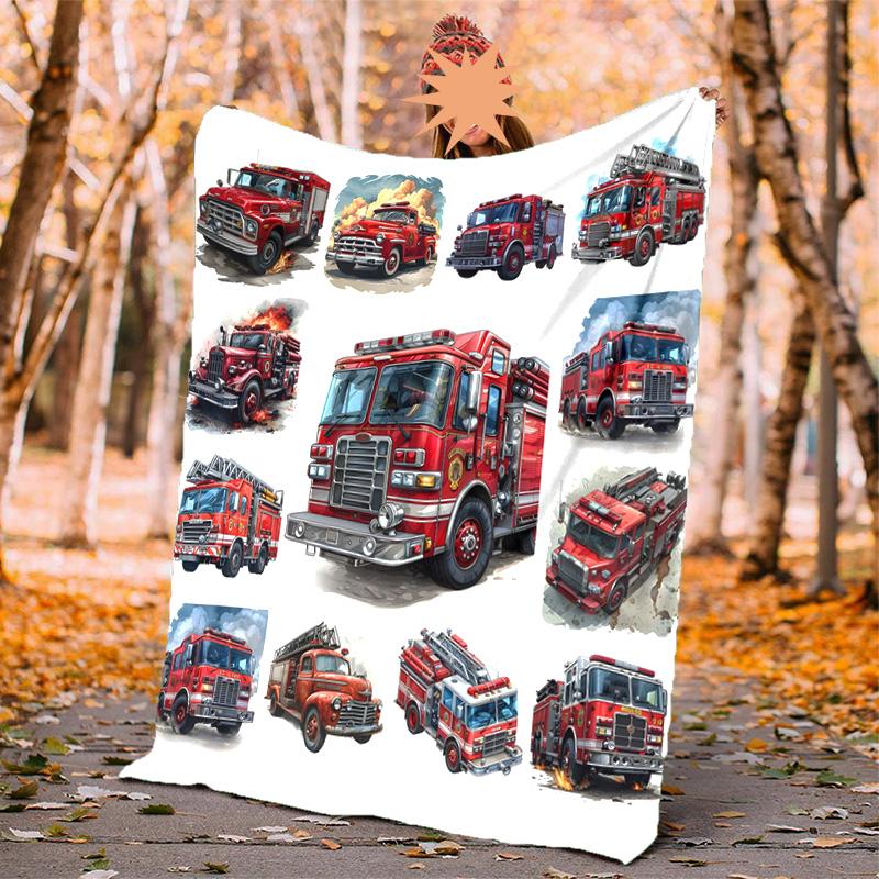 Fire Truck Flannel Blanket Soft Warm All-Season Throw, Design for Camping, Car Travel, Hiking Sofa, Bed, Office Perfect Gift for Parties