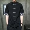 Chinese Style Cotton Linen Shirt Men Retro Casual Print Stitching Short-sleeved Tops Summer Top Quality Men Streetwear