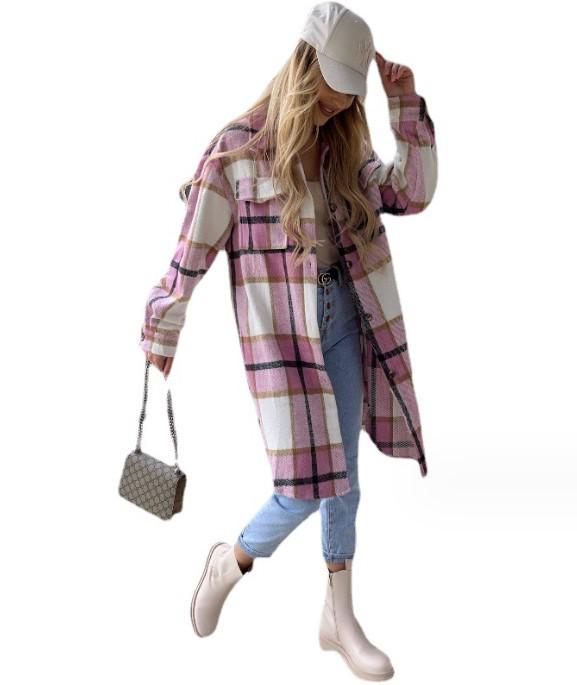 2022 Autumn/Winter Women's European & American Plaid Long-Sleeved Loose Shirt Jacket