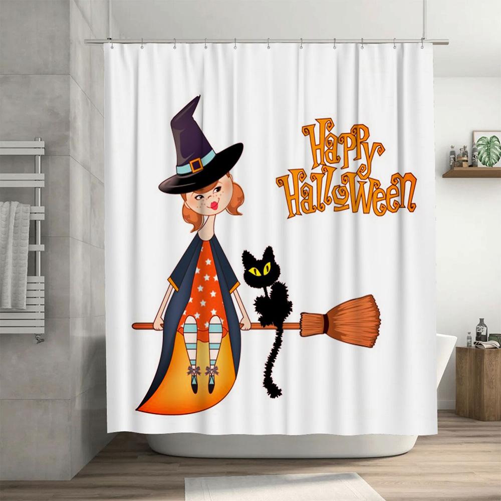 Halloween-Duschvorhang mit einer Hexe und ihrer schwarzen Katze Verleihen Sie Ihrer Badezimmerdekoration gruseligen Charme mit diesem auffälli