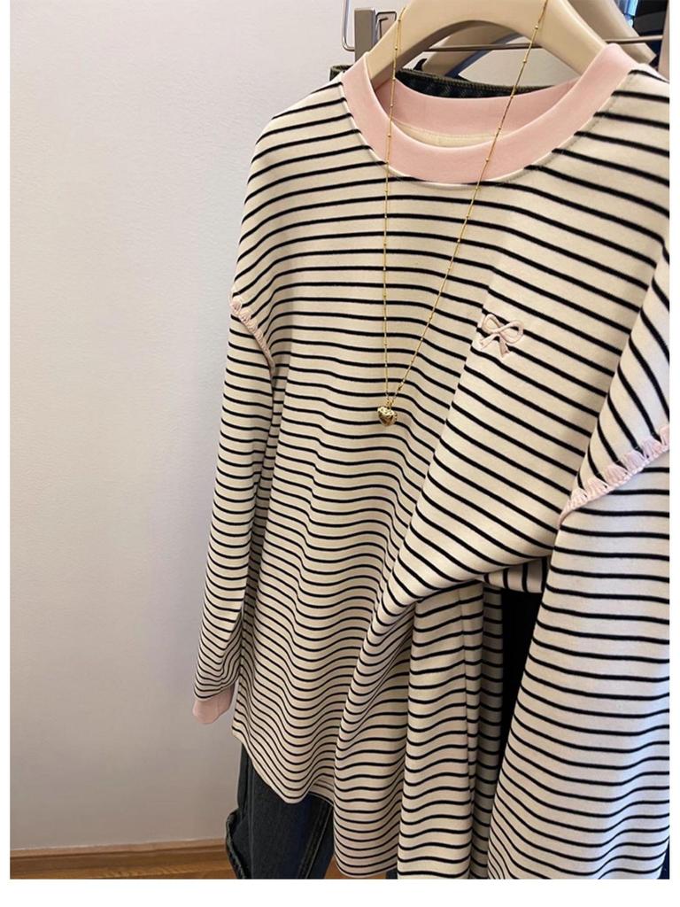 Women's Striped Bow Long-Sleeve Casual Top - Relaxed Fit, Plus Size, Autumn/Winter