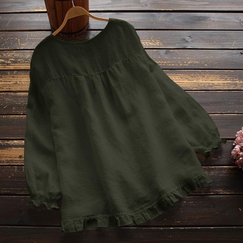 Women's Cotton and Linen T-shirt Loose Ruffled Sleeves Round Neck Long-sleeved Shirt