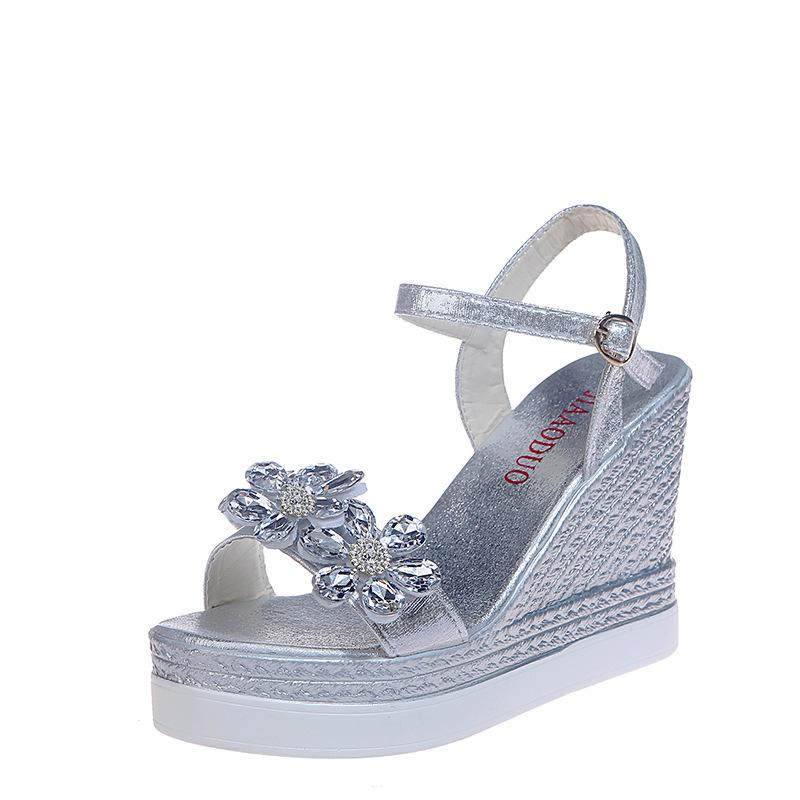 Wedge heel sandals women's 2024 summer new inner heightening bright diamond fish mouth waterproof table high heel buckle women's shoes tide