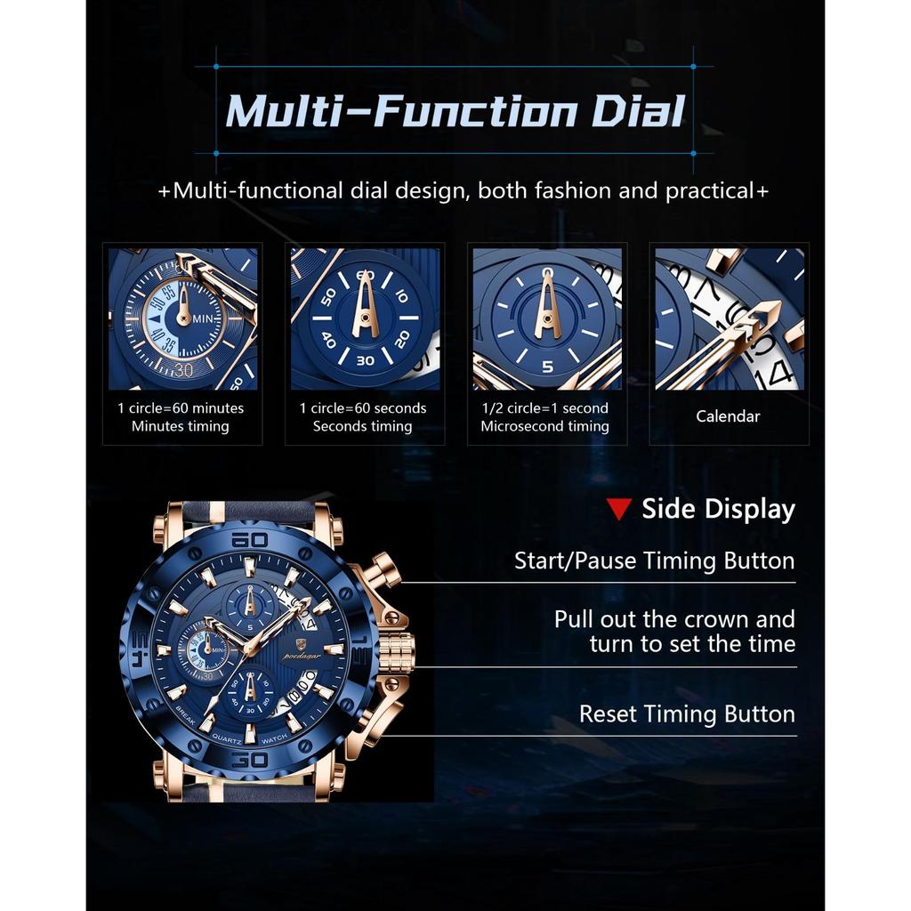 POEDAGAR Top Military Man Wristwatch Waterproof Luminous Date Fashion Chronograph Leather Sports Men's Quartz Watches