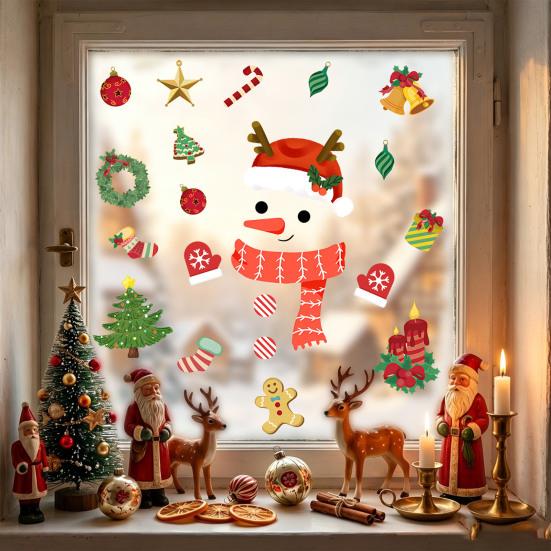 Removable Party Decals Christmas Window Clings, Cartoon Antlers Snowman Wall Stickers, Waterproof PVC Stickers Decorative for Home Glass Windows