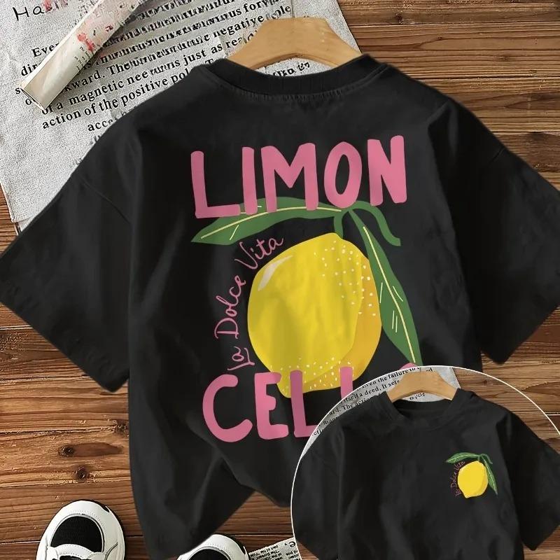 Womens Black Short Sleeved Round Neck Tshirt LIMON Cello Pattern Printed Lemon Slice Design Casual Top