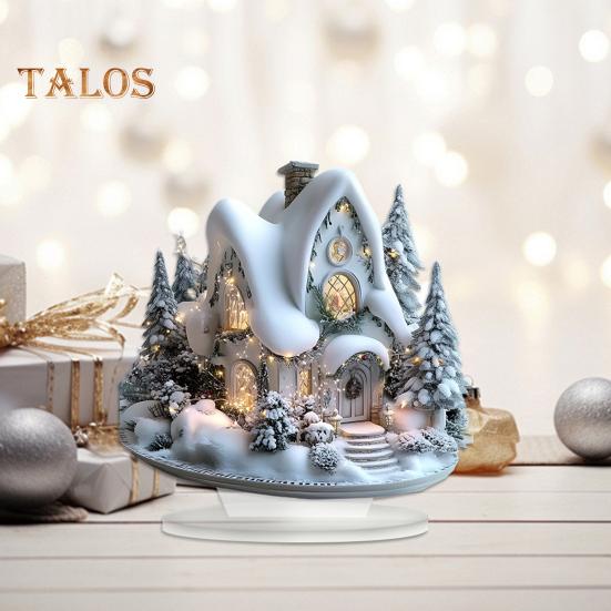 Christmas Acrylic Desktop Ornament Flat Snowy Cabin Ornament with Base Christmas Village Log Cabin Ornament for Holiday Table Decor