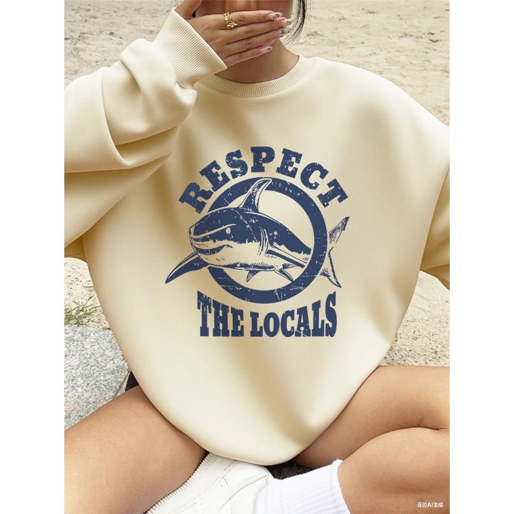 2025 Protect the Locals Shark Print Sweatshirt Women's Autumn and Winter Warm Hoodie Round Neck Top Basic Sportswear