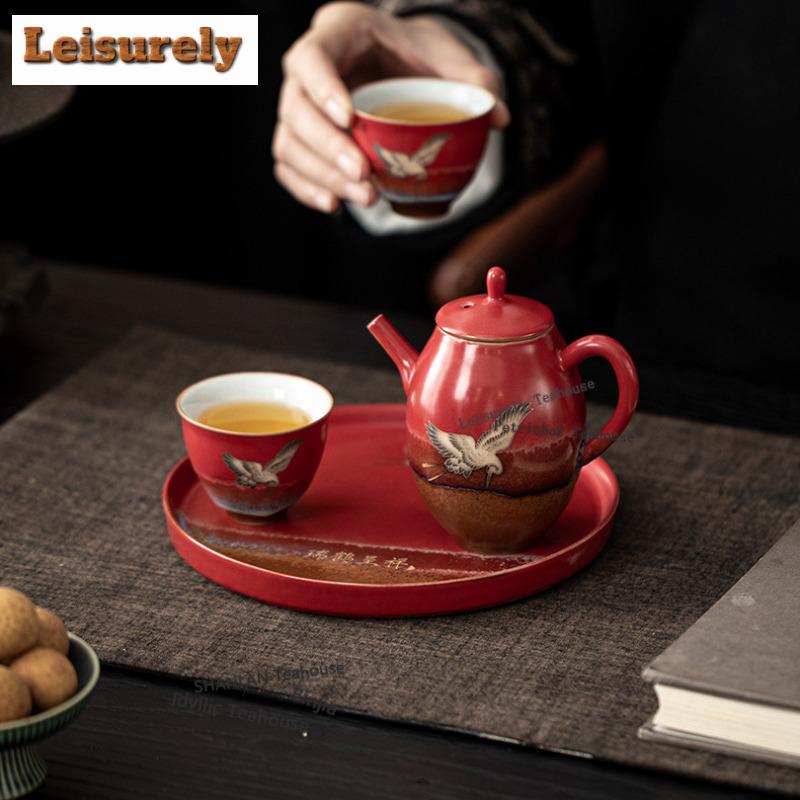 Verbotene Stadt Roter Kran Glückverheißendes Tee-Set Komplettes Set Luxus Teezeremonie-Set Teekanne und Teetasse Set Für Tee-Ornamente Handwerk