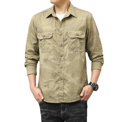 Spring and Autumn Camouflage Long Sleeved Pure Cotton Workwear Shirt for Men, Dual Pocket Versatile Casual Military Youth Outdoor Shirt