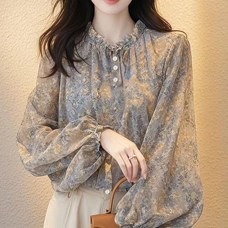 Women's French Floral Chiffon Top Autumn Long Sleeved Shirt