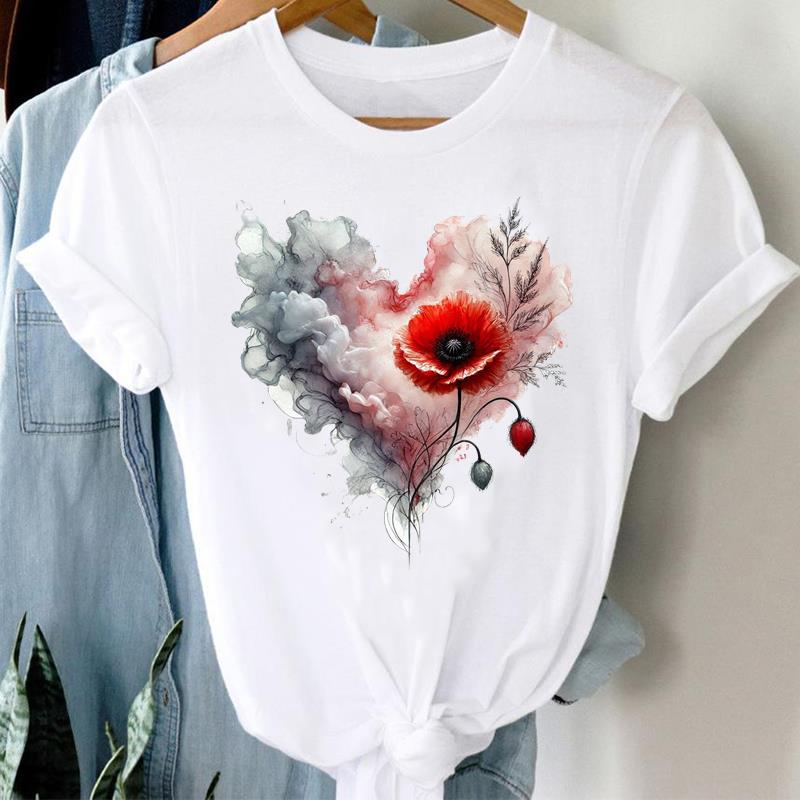 (Asian Size)  Clothing Tee  Sweet Flower Letter 90s Print Lady T Shirt Fashion Women Casual Top Short Sleeve Female Graphic T-shirts