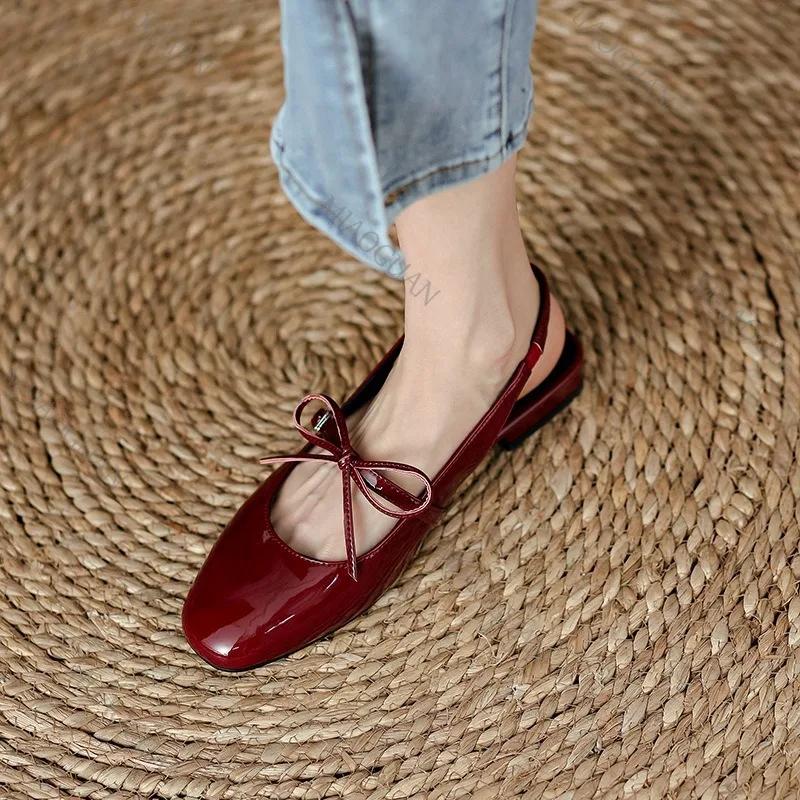 Fashion Bowknot Baotou Patent Leather Sandals Women New Summer French Retro Chunky Low Heel Sandales Femme Red Mary Jane Women's Shoes