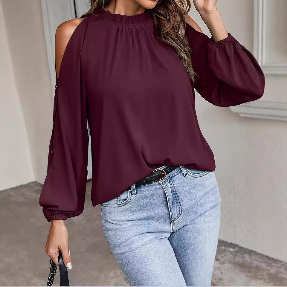 Women's Off Shoulder Long Sleeve Blouse with Ruffled Neckline and Button Detail, Deep Green