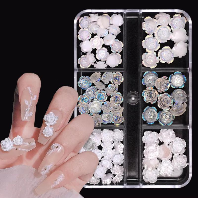 Aurora Camellia Nail Art Rhinestones 90PCS Iridescent Glossy Acrylic Resin for Wedding Nail Design DIY Manicure Decor