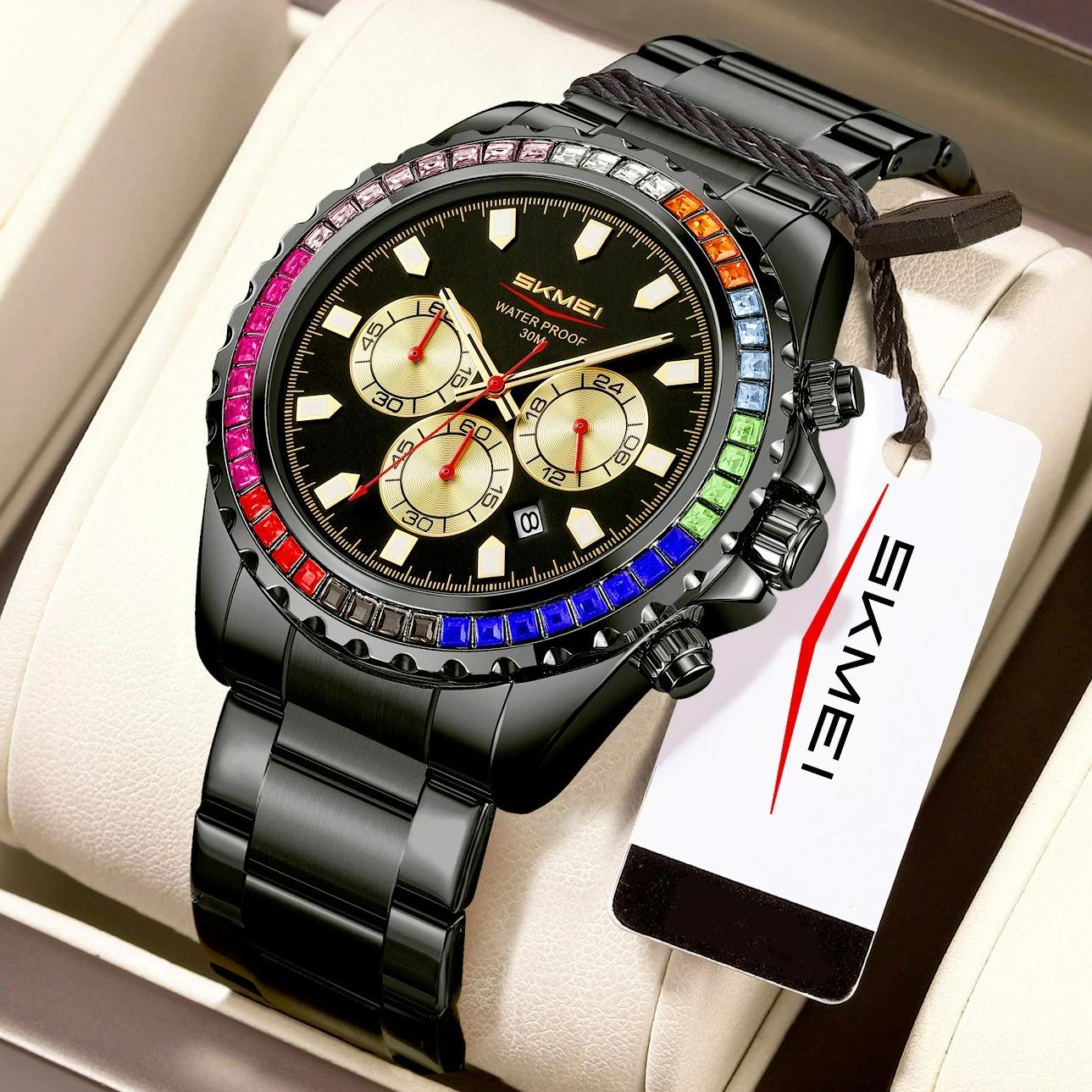 SKMEI Chronograph Quartz Watches for Men Fashion Rhinestone Dial Date Stainless Steel Strap Waterproof Luminous Analog Gold Wristwatch