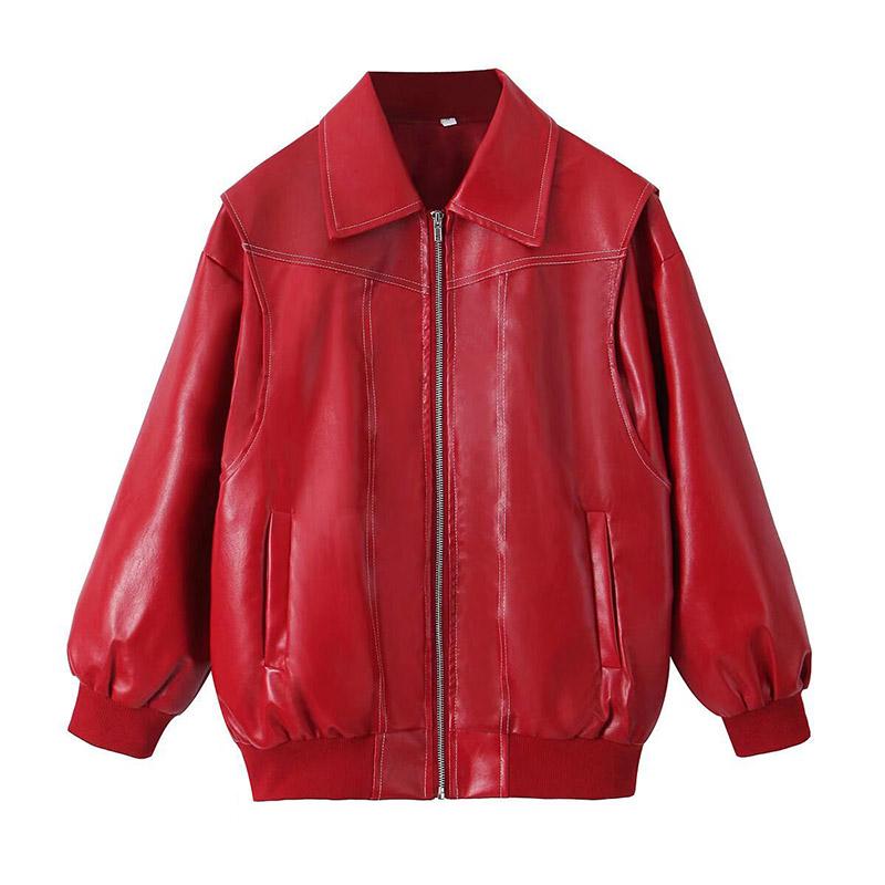 VAYLA Women Zipper Leather Bomber Jackets Coats Contrast Stitch Lapel Long Sleeve Jacket Motorcycle Outwear Tops