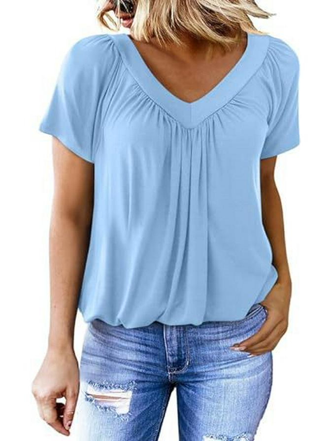 2025 V-Neck Raglan Sleeve Ruffled Casual T-shirt