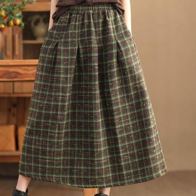 Vintage Karierte Midi-Röcke Damen Baggy High Waist A-Linie Dicker Französischer Stil Taschen Mujer Unterteile Mode Elegant