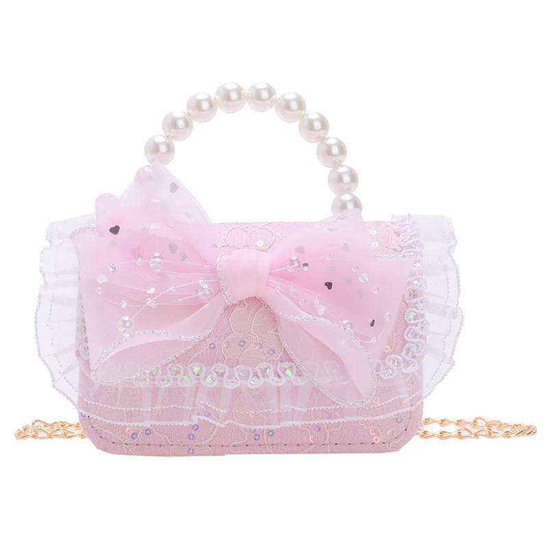 Trendy Girl's Pearl Handbag Stylish Lace Bowknot Princess Shoulder Bag For Kids