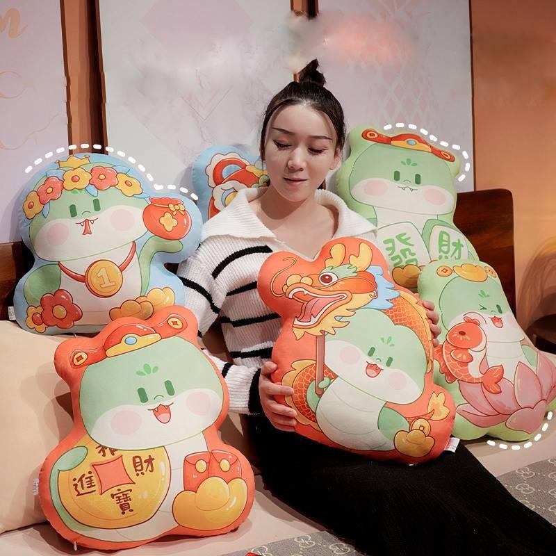 Double Printed Cartoon Face Year Of The Snake Throw Pillow Mascot Toy Cushion