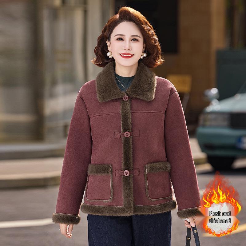 Mature Women's Fur-Lined Lapel Coat, Ages 40-60, Plus Velvet Warm Short Slimming Style
