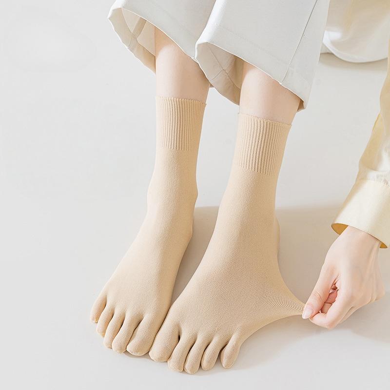 1Pair Thin Breathable Sweat-Absorbing Short Hosiery Five Finger Socks Solid Color Split-Toed Five Toe Mid Tube Socks