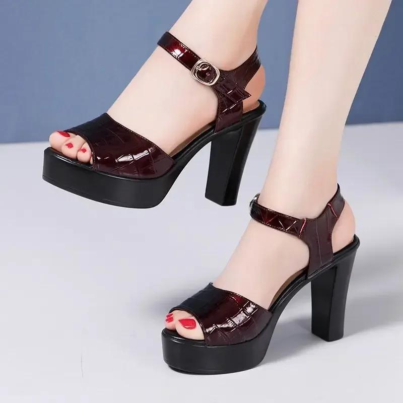 10cm 13cm Comfortable Genuine Leather Sandals Chunky Platform Shoes 2025 Summer Block High Heels Sandals Women for Office Model