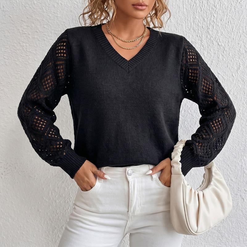 Women Loose V Neck Hollow Out Long Sleeve Knitted Casual Pullover Sweater Top