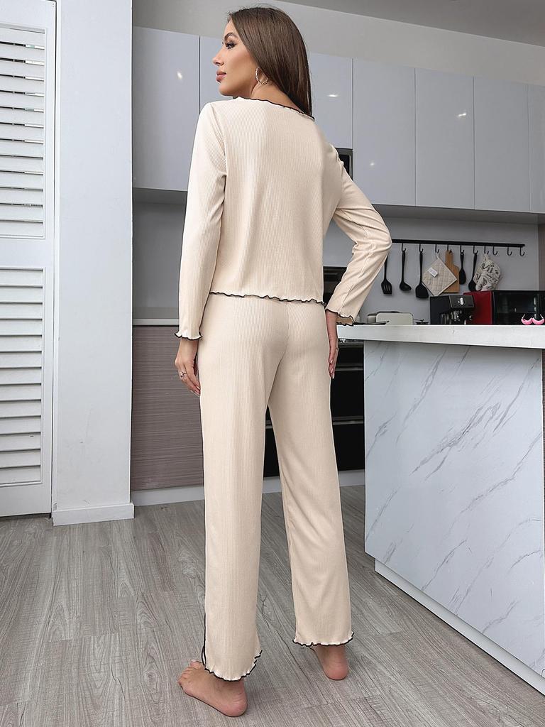 European and American Ribbed Knit Women's Pajama Set - Cardigan & Long Pants - Luxurious French Style Homewear for Autumn/Winter