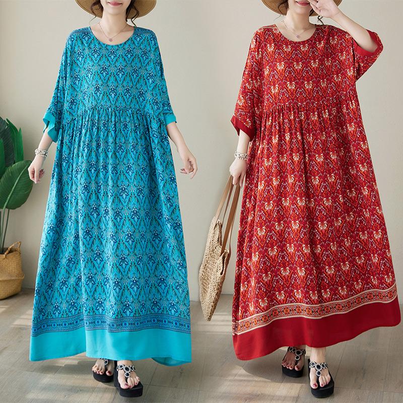 

DIMANAF Большие размеры, летние женские 2024, новое льняное свободное платье с цветочным принтом в базовом стиле, богемные винтажные длинные платья One Size красный