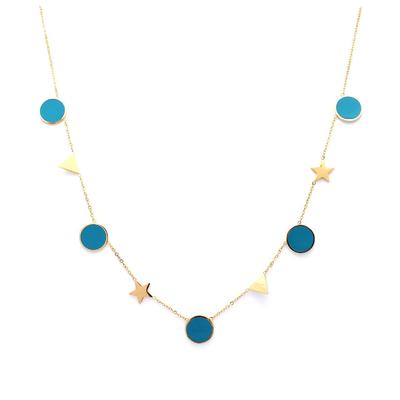 [Q0940] - Designer Steel Necklace 'Boho' Turquoise Gold - Stars 8 Mm - Rounds 10 Mm