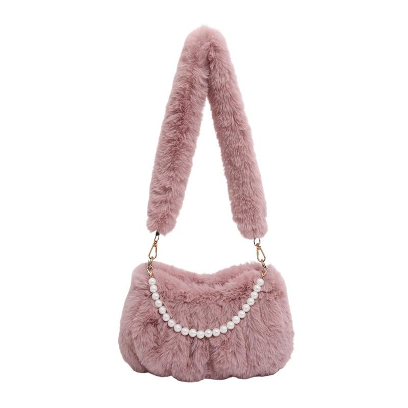 Luxury Faux Fur Underarm Bag Pearl Chain Plush Handbag Fashi Winter Shoulder Bag With Soft Fluffy Pleat Elegant Commuter Bag