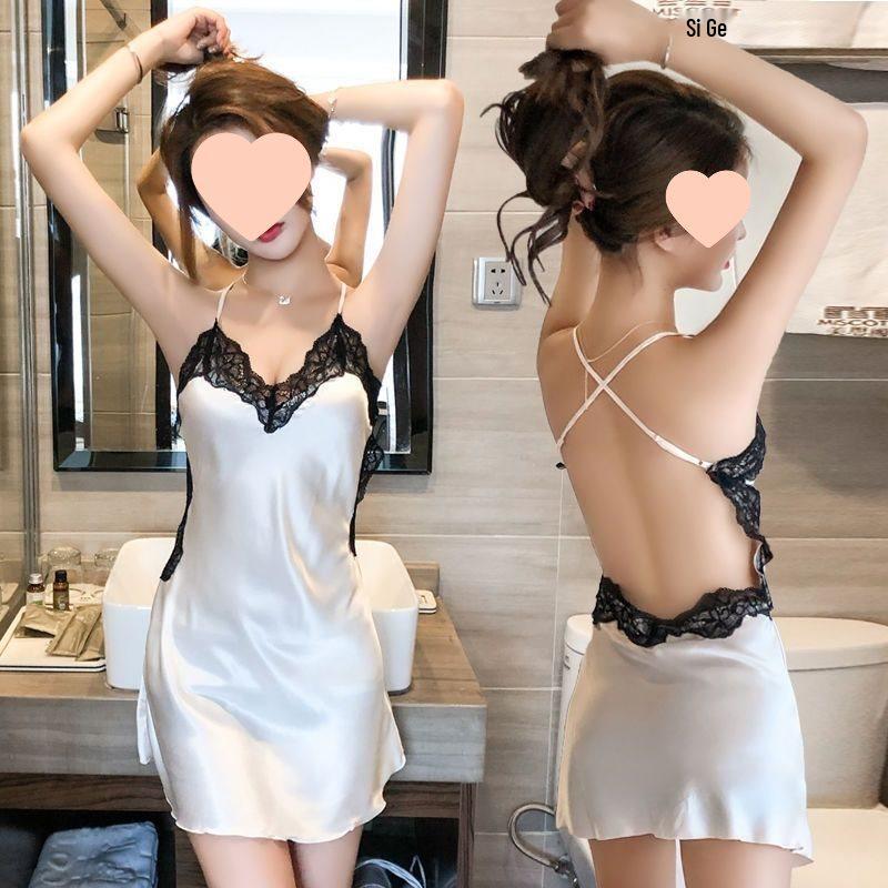 Women's Sexy Lace-Edged Ice Silk Camisole Nightdress – Spring/Summer V-Neck Backless Short Skirt