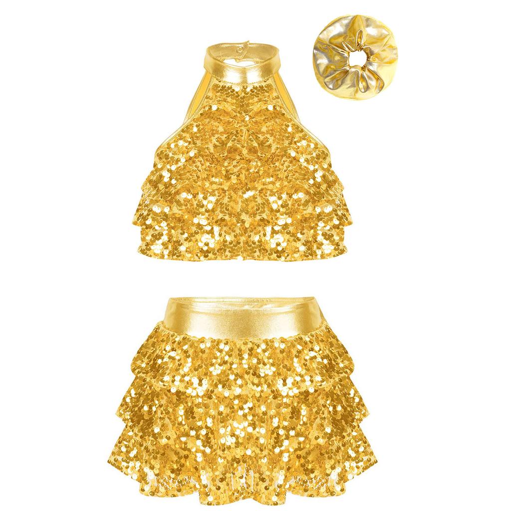 Kids Girls Sparkly Dance Outfit Mock Neck Crop Top Ruffle Culottes with Glitter Hair Band for Competitions