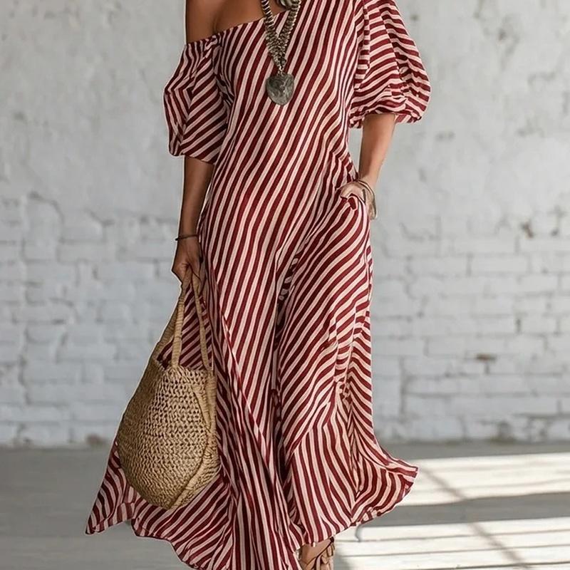 European Style Women Clothing Fashion Spring Elegant Striped Off-shoulder Maxi Dress