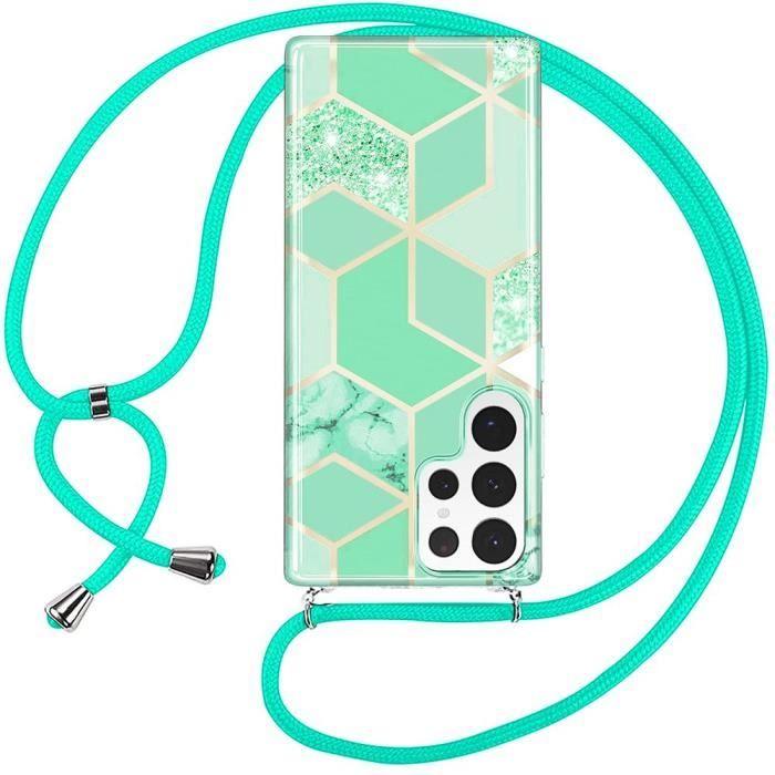 Coque - BOOLING - pour Samsung Galaxy S24 Ultra - Protection Antichoc - Motif Marbre Turquoise - Cordon Inclus
