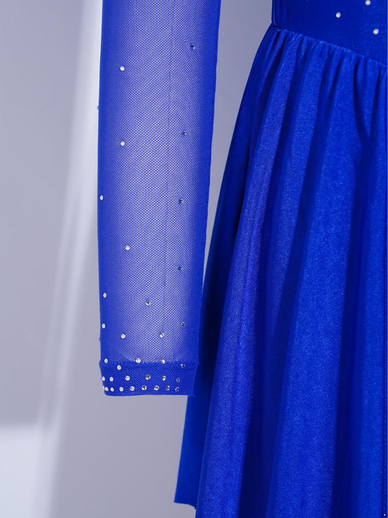 Long Sleeve Cutout Back Asymmetrical Hem Mesh Patchwork Dress with Rhinestones for Girls Figure Skating Competition Stage Show