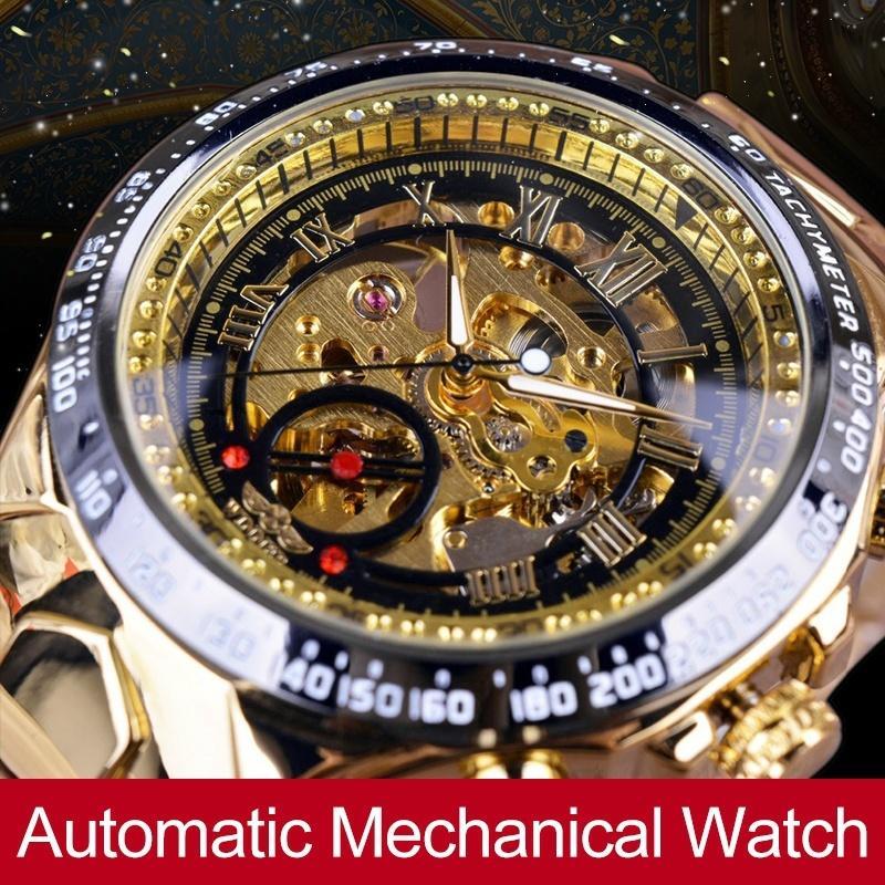 WINNER Herren-Luxus-Skelett-Armbanduhr mit automatischem Aufzug, Gold-Edelstahl-Armbanduhr