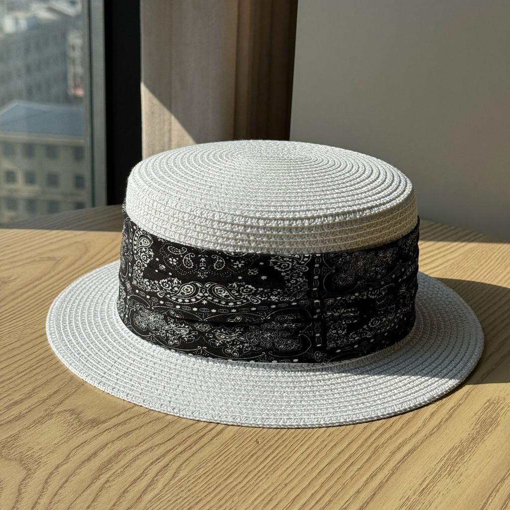 Elegant Retro Straw Hat Women's Summer Sun Protection Hat Printed Sun Hat Vacation Straw Top Hat