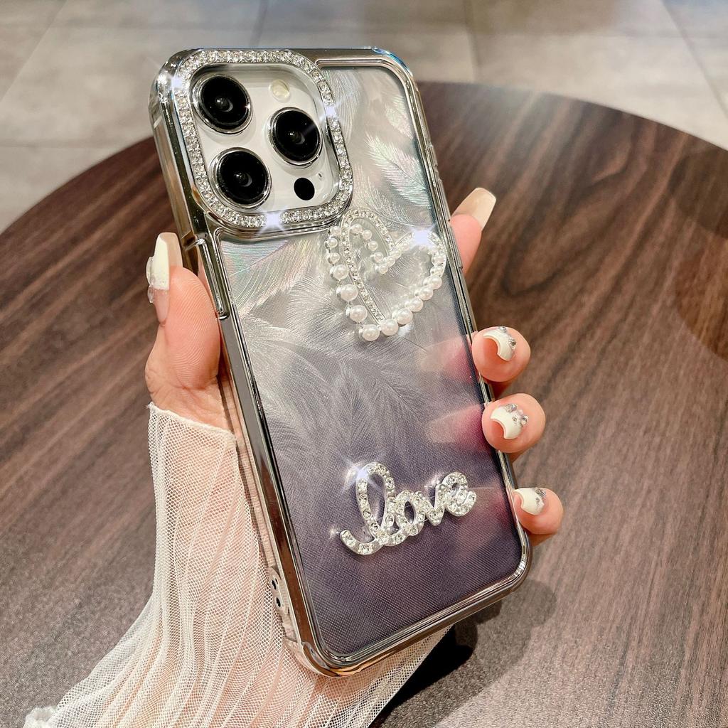 High-end Electroplated Lens with Diamond-encrusted Heart, Suitable for DIY IPhone15Pro Phone Case, Apple 14 Gradient Feather
