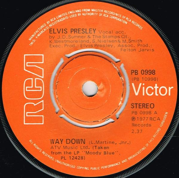 

7inch Record ELVIS PRESLEY - Way Down PB0998 RCA Victor 1977 UK Rock Used