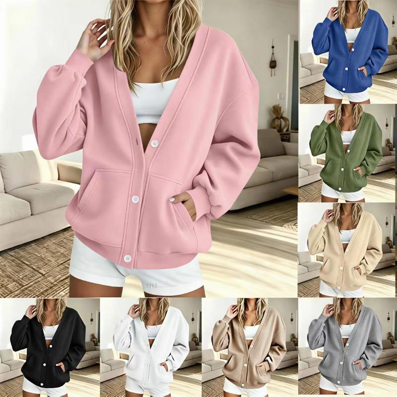 Women S Solid Color Long Sleeve Button Cardigan Hoodie Casual Outerwear